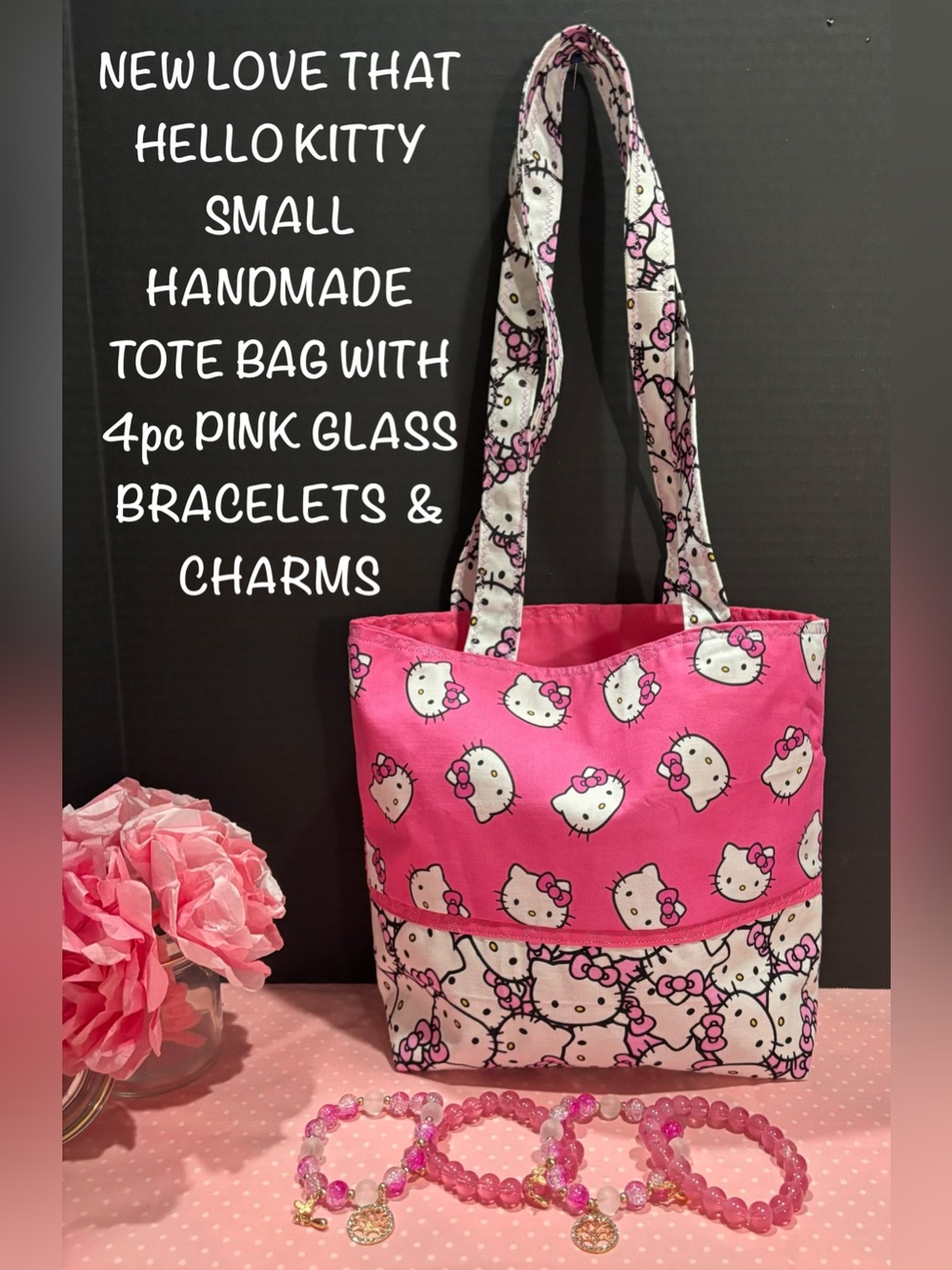 Love That Hello Kitty Small Reusable Bag W/4Pc Pink Beaded Bracelets & Charms
